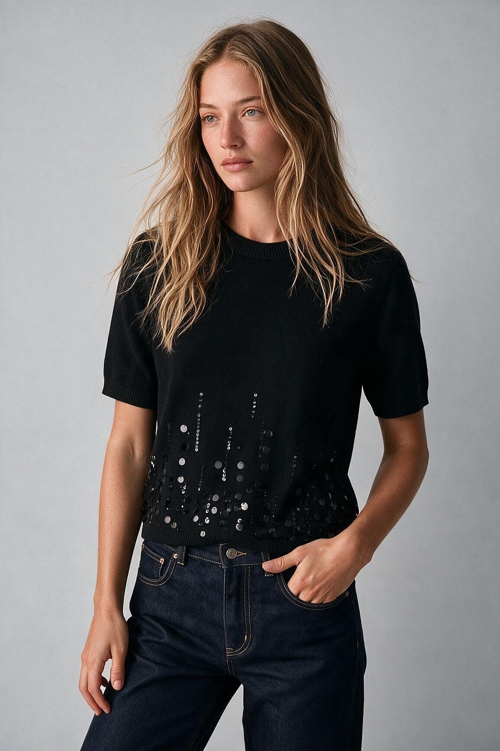 Black Knit Short Sleeve Top with Embellished Hem Black Knit Short Sleeve Top with Embellished Hem
