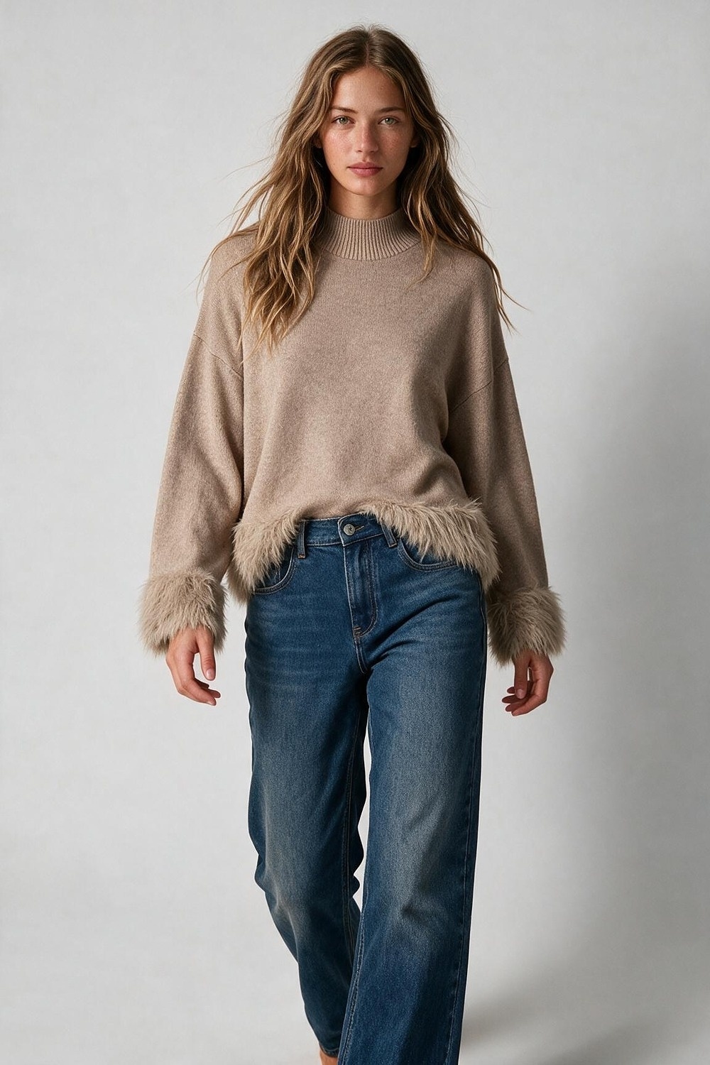Su&eacute;ter Beige de Punto Suave con Ribete de Piel Sint&eacute;tica y Cuello Simulado