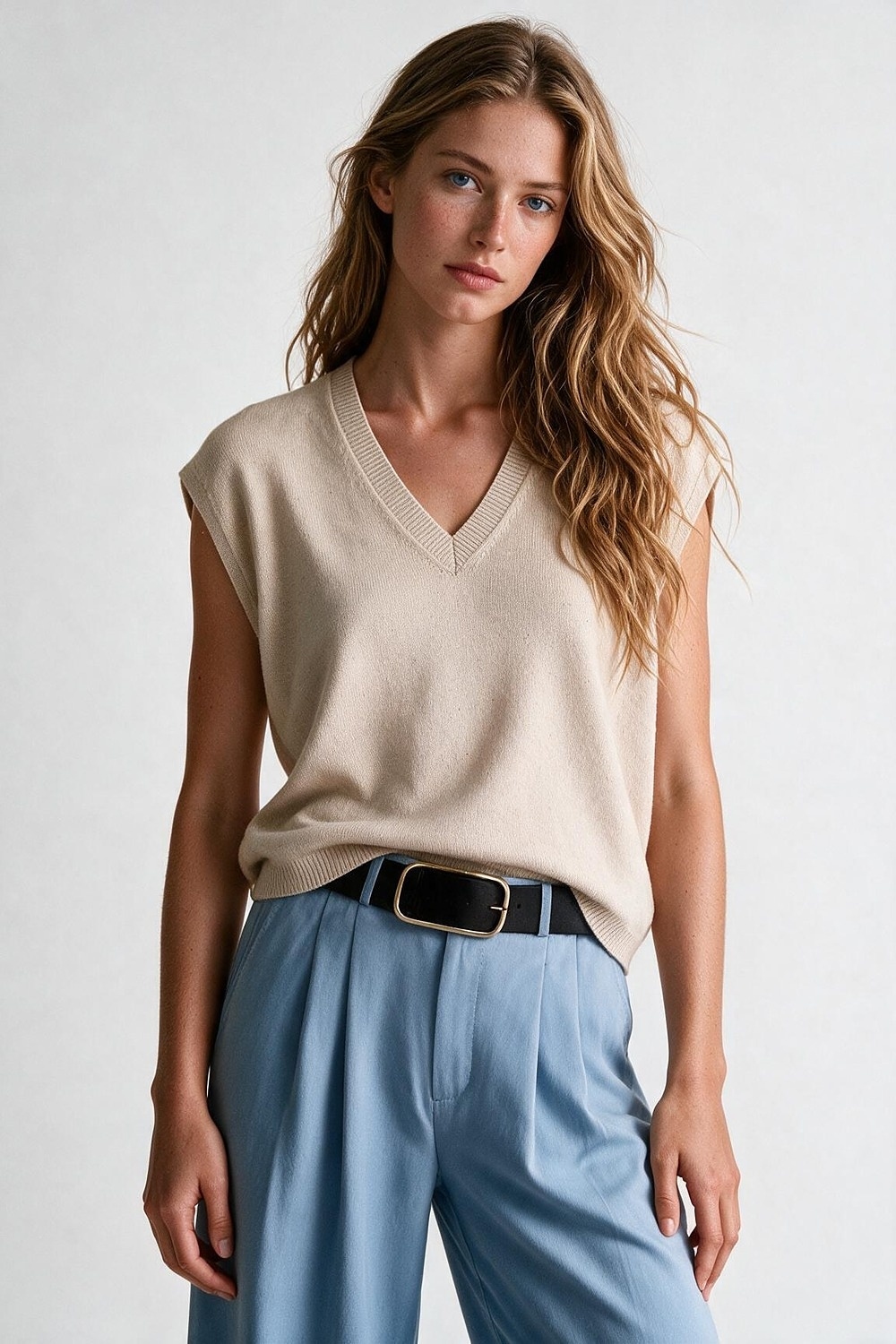 Beige Chaleco sin Mangas de Punto Fino en V con Ribete Acanalado y Adornado con Lentejuelas
