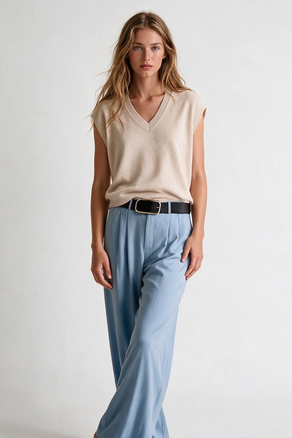 Beige Chaleco sin Mangas de Punto Fino en V con Ribete Acanalado y Adornado con Lentejuelas