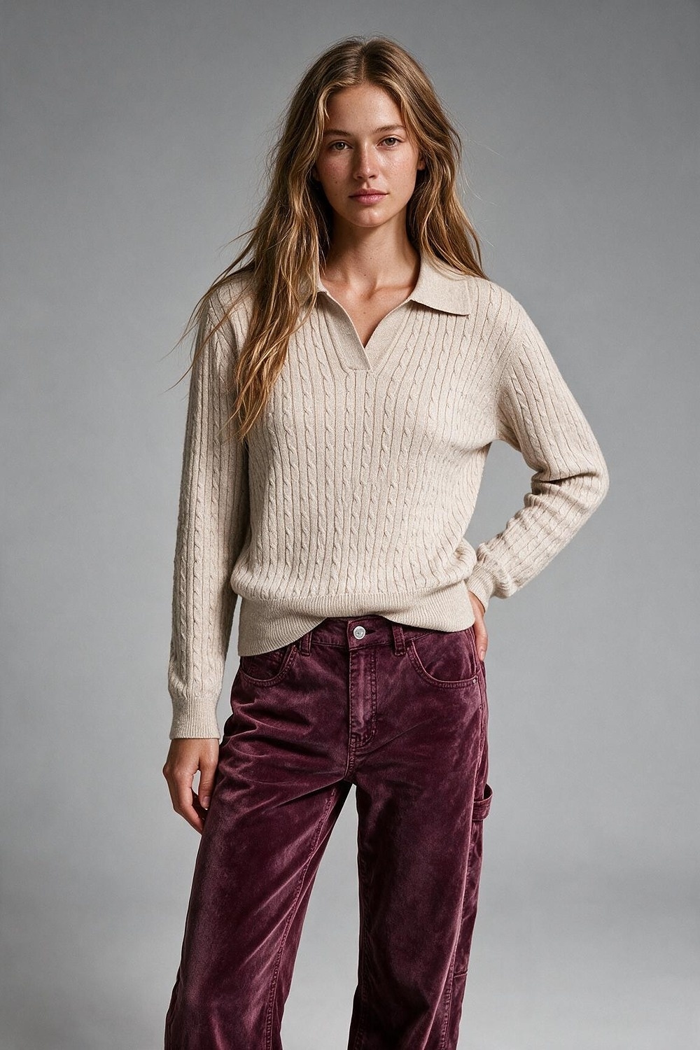 Su&eacute;ter Beige de Mezcla de Lana Merino con Cuello Polo de Punto Trenzado y Manga Larga