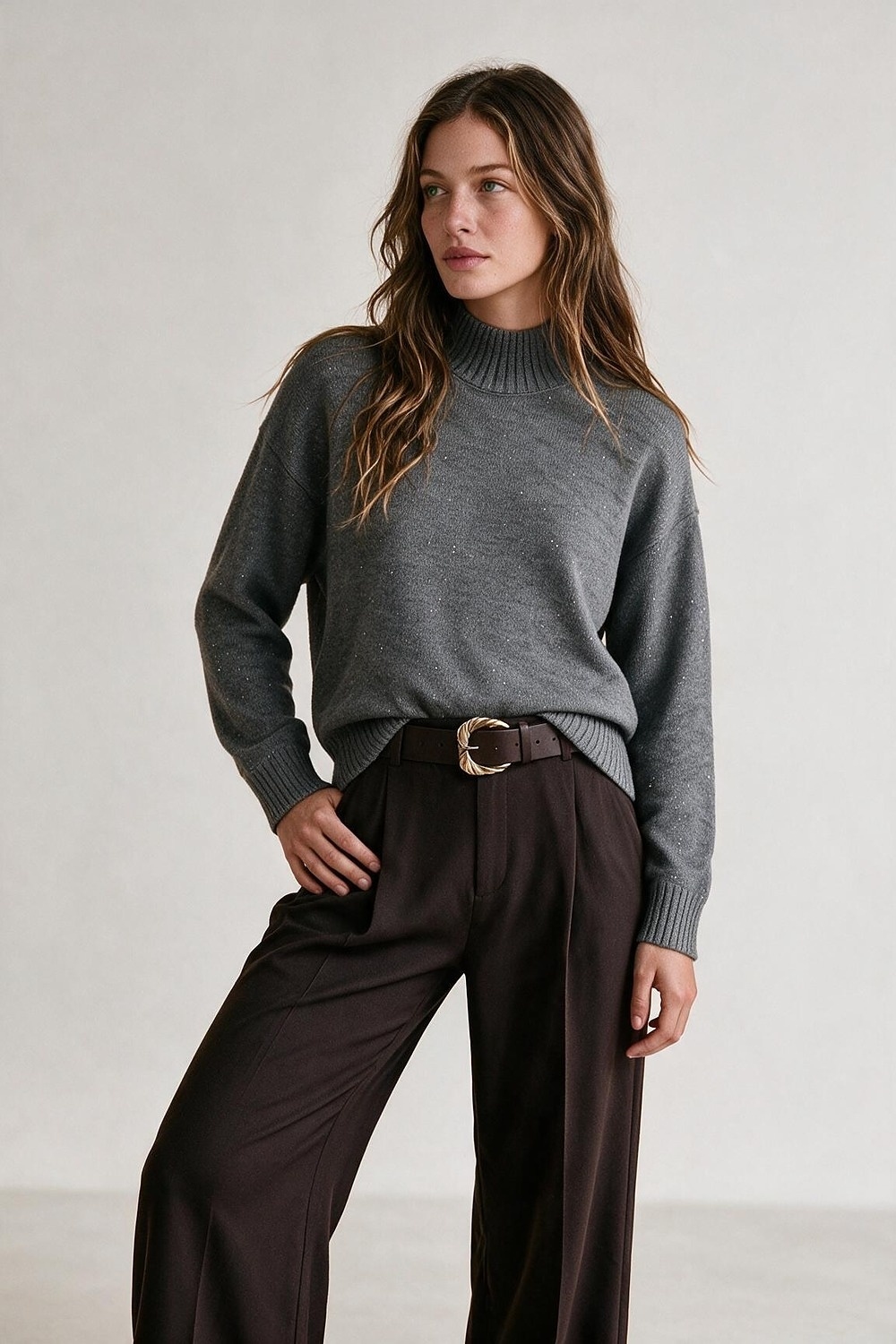 Su&eacute;ter gris con lentejuelas adornadas de punto suave de cuello alto y ribete acanalado