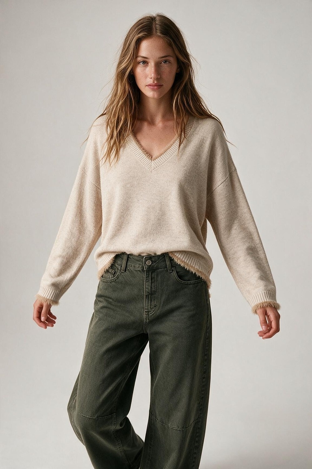 Su&eacute;ter beige de cuello en V con ribete de piel sint&eacute;tica