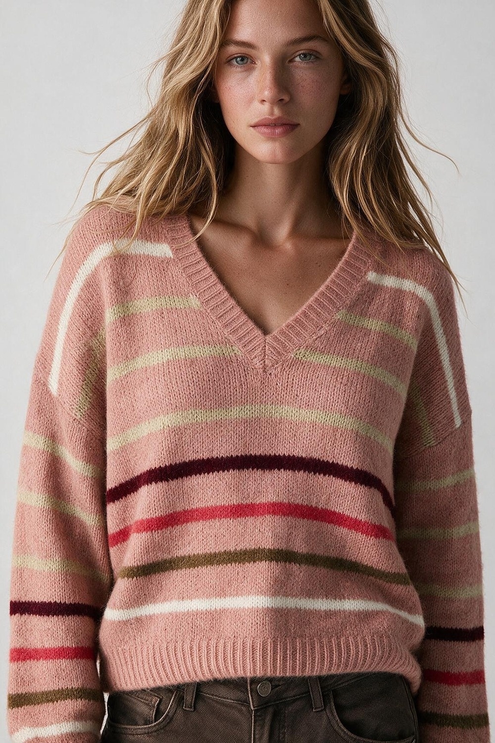 Jersey relajado de rayas con cuello en V de punto esponjoso multicolor rosa