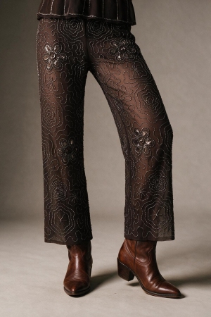 Pantalones Anchos Tejidos con Lentejuelas Marrones y Cuentas Florales