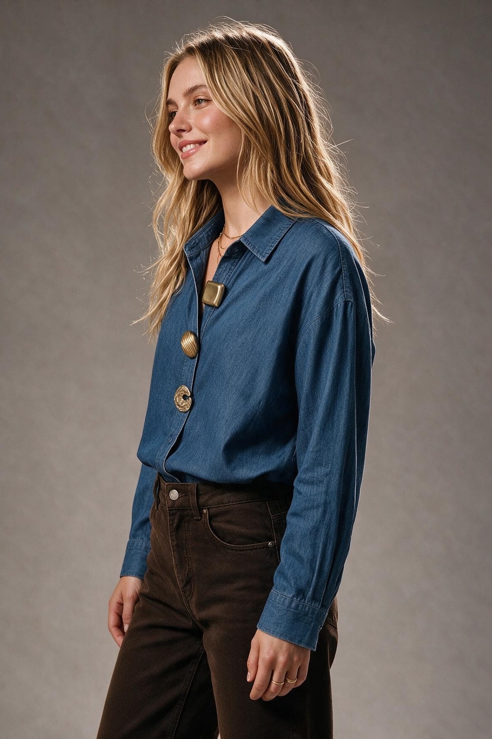 Camisa de botones dorados de chambray con lavado oscuro azul denim Camisa de botones dorados de chambray con lavado oscuro azul denim