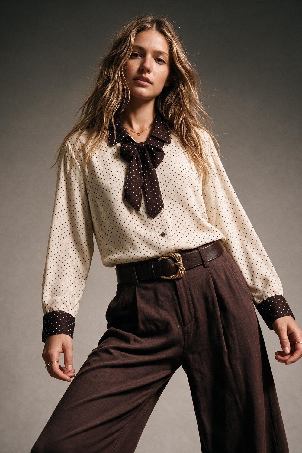 Blusa de manga larga con estampado de lunares crema y lazo de contraste burdeos