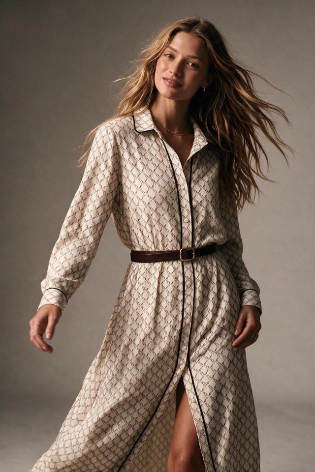 Beige Chain Print Woven Piped Belted Maxi Shirt Dress
