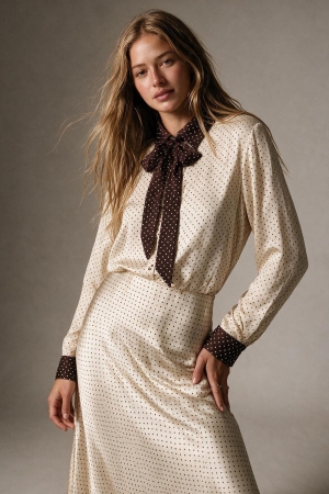 Blusa de manga larga con estampado de lunares crema y lazo de contraste burdeos