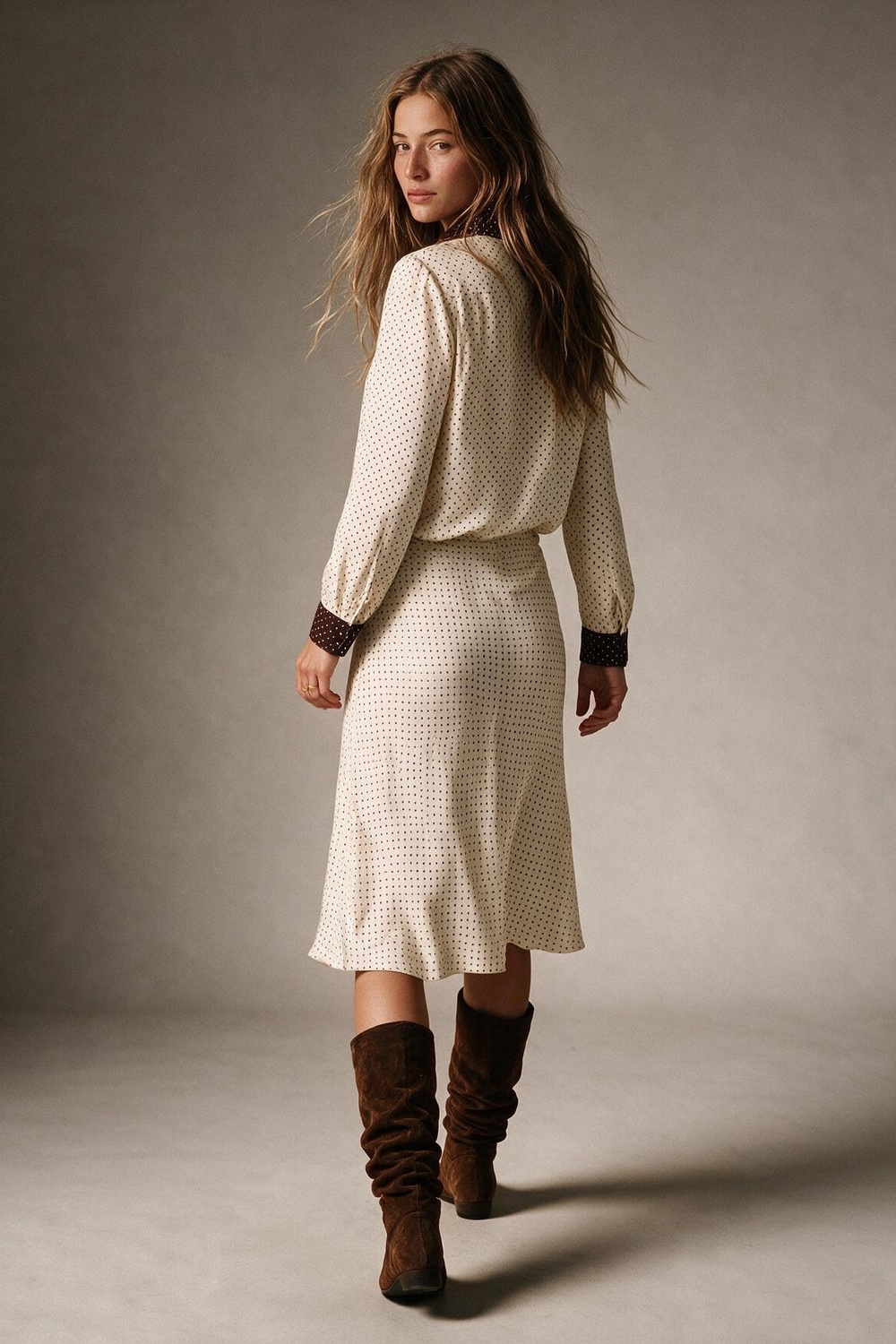 Falda midi de sat&eacute;n con corte al bies y estampado de lunares beige sin pretina