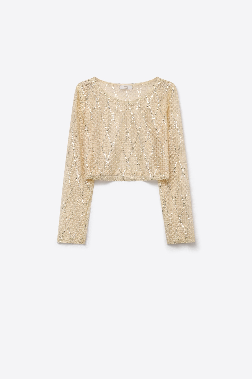 Beige Top Corto de Manga Larga de Malla Transparente con Lentejuelas y Diamantes Beige Top Corto de Manga Larga de Malla Transparente con Lentejuelas y Diamantes