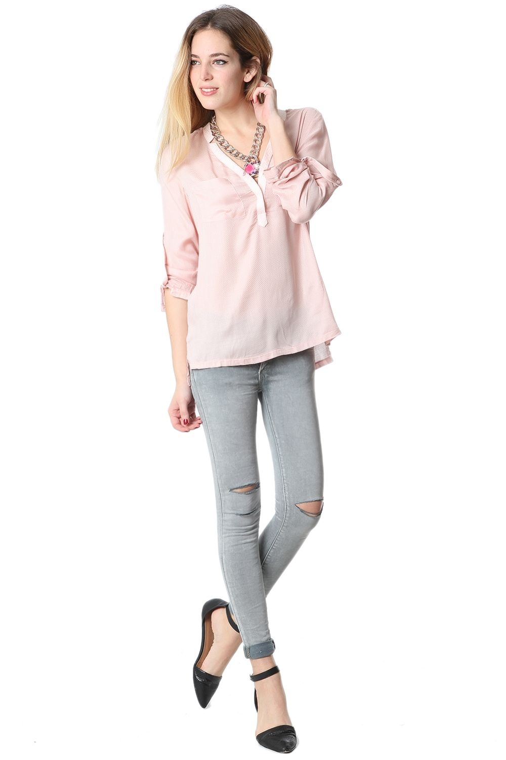 Blusa con escote de pico pronunciado y manga larga rosa Blusa con escote de pico pronunciado y manga larga rosa