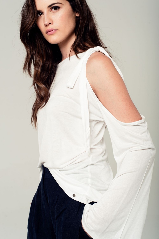Cold shoulder top with flared sleeves in white