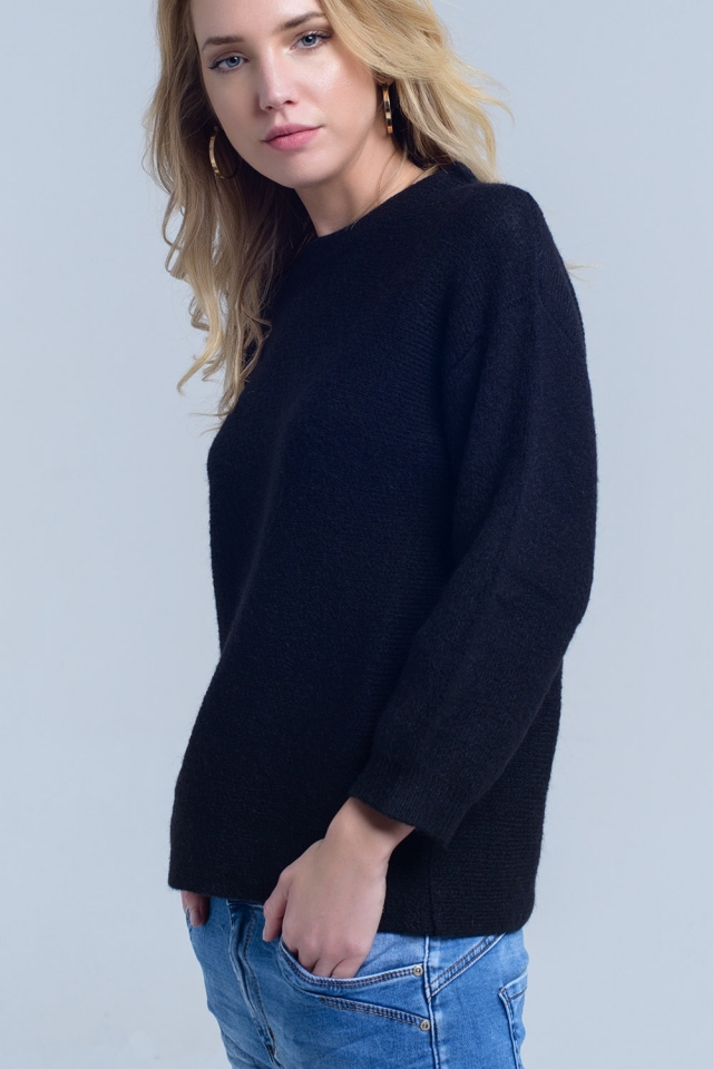 Black knitted crew neck sweater