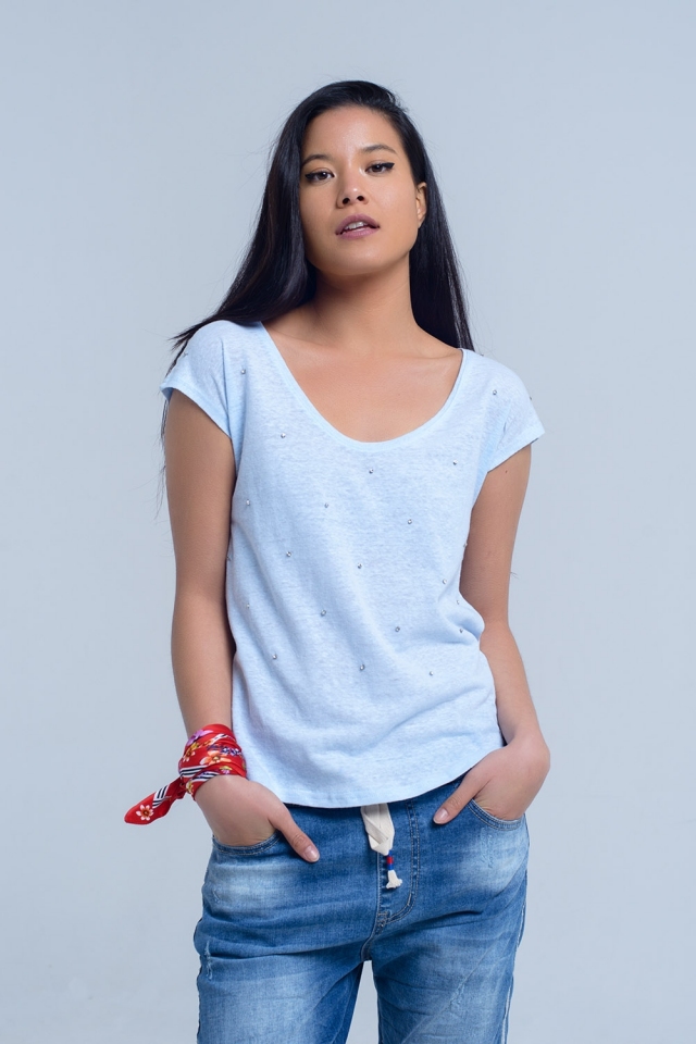Blaues T-Shirt mit Strasssteinen