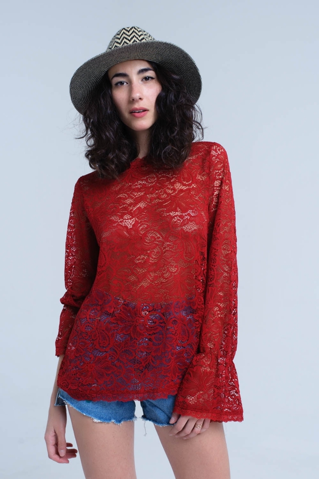 Burgundy sheer lace top with bell sleeves