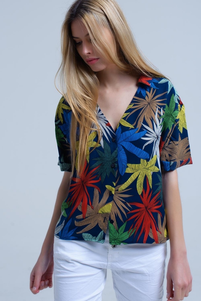 Navy shirt with leaves print