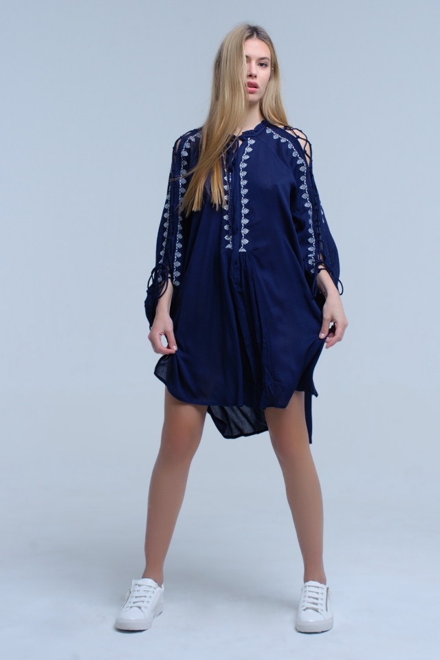 Blue Navy embroidered dress with open sleeve detail