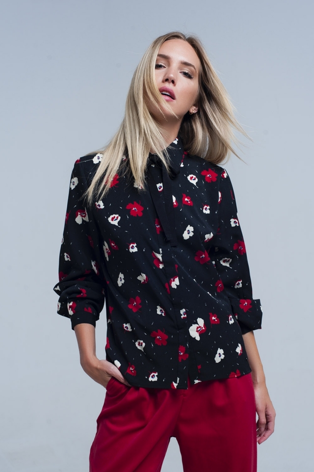 Black shirt with red and white flowers