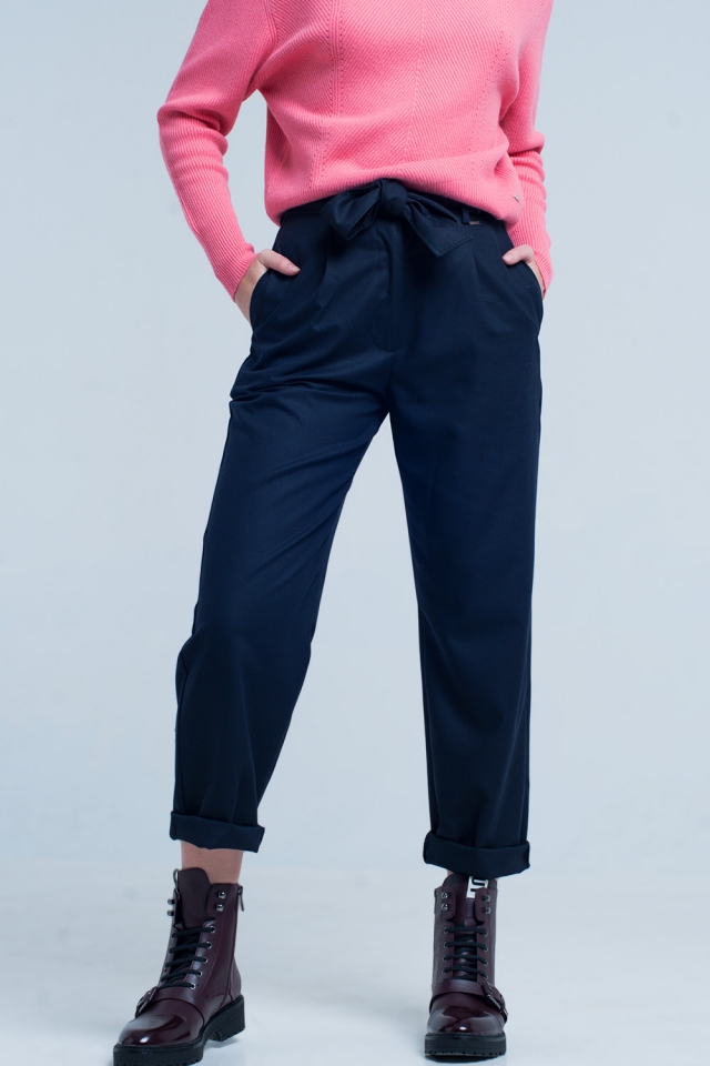 Pantalon ancho recto azul marino con lazo