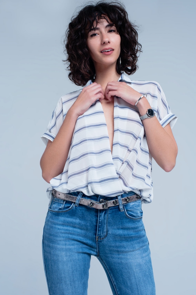 Short sleeve drape wrap blouse with blue striped design