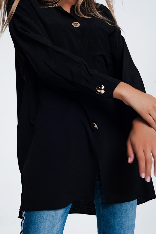 oversized long sleeve shirt with vintage button detail in black
