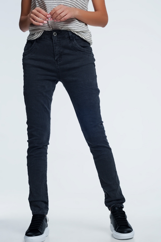 jeans skinny grigio con cavallo basso