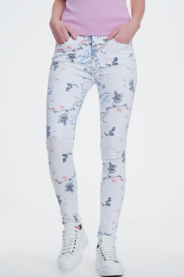 Pantalon skinny blanc à imprimé floral