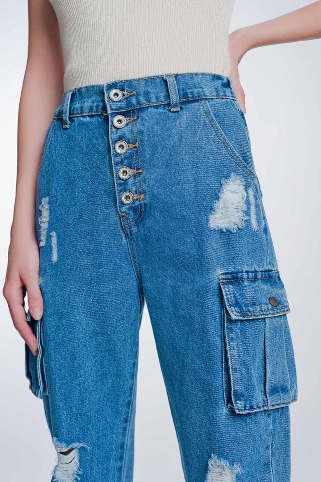 Klassieke stugge jeans met cargozak in lichte stone wash