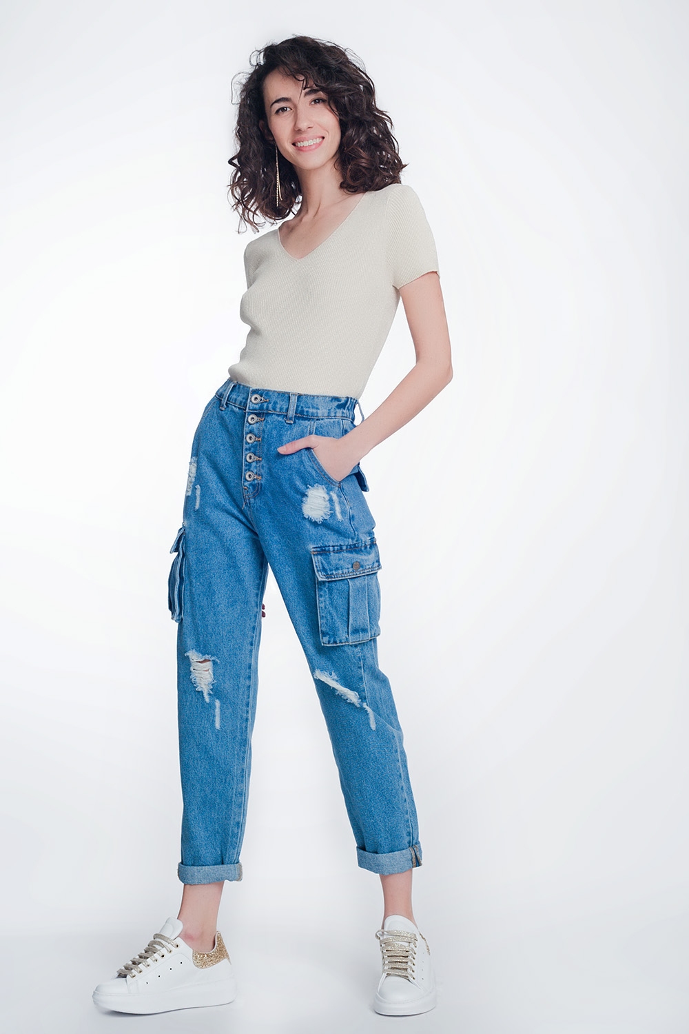 Jeans boyfriend con bolsillos laterales y rotos Jeans boyfriend con bolsillos laterales y rotos