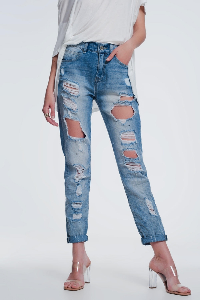 Ripped jeans met rechte pijpen en hoge taille in lichtblauw