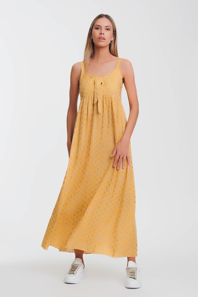 tie front midi yellow dress in floral print