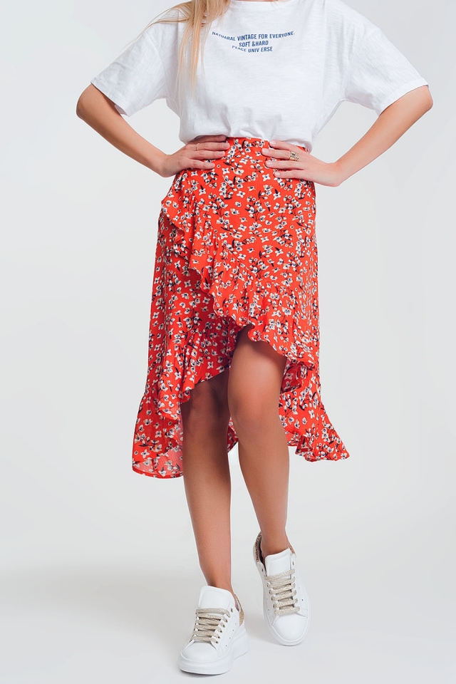 Asymmetrischer Wickelrock mit Rot Print