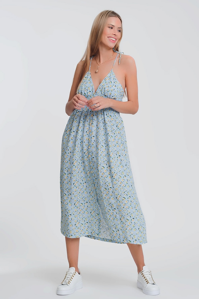 Lange jurk met open achterkant en blauwe bloemenprint