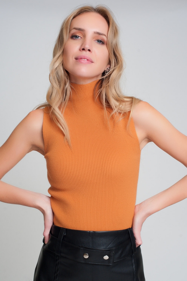 Ribbed knit sleeveless sweater with high neck in orange
