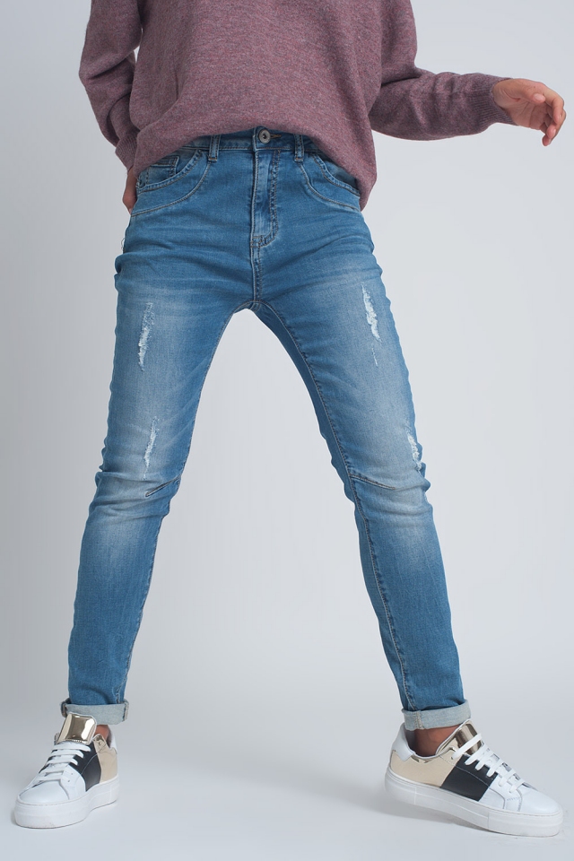 Jeans boyfriend tessuto a coste strappati lavaggio medio