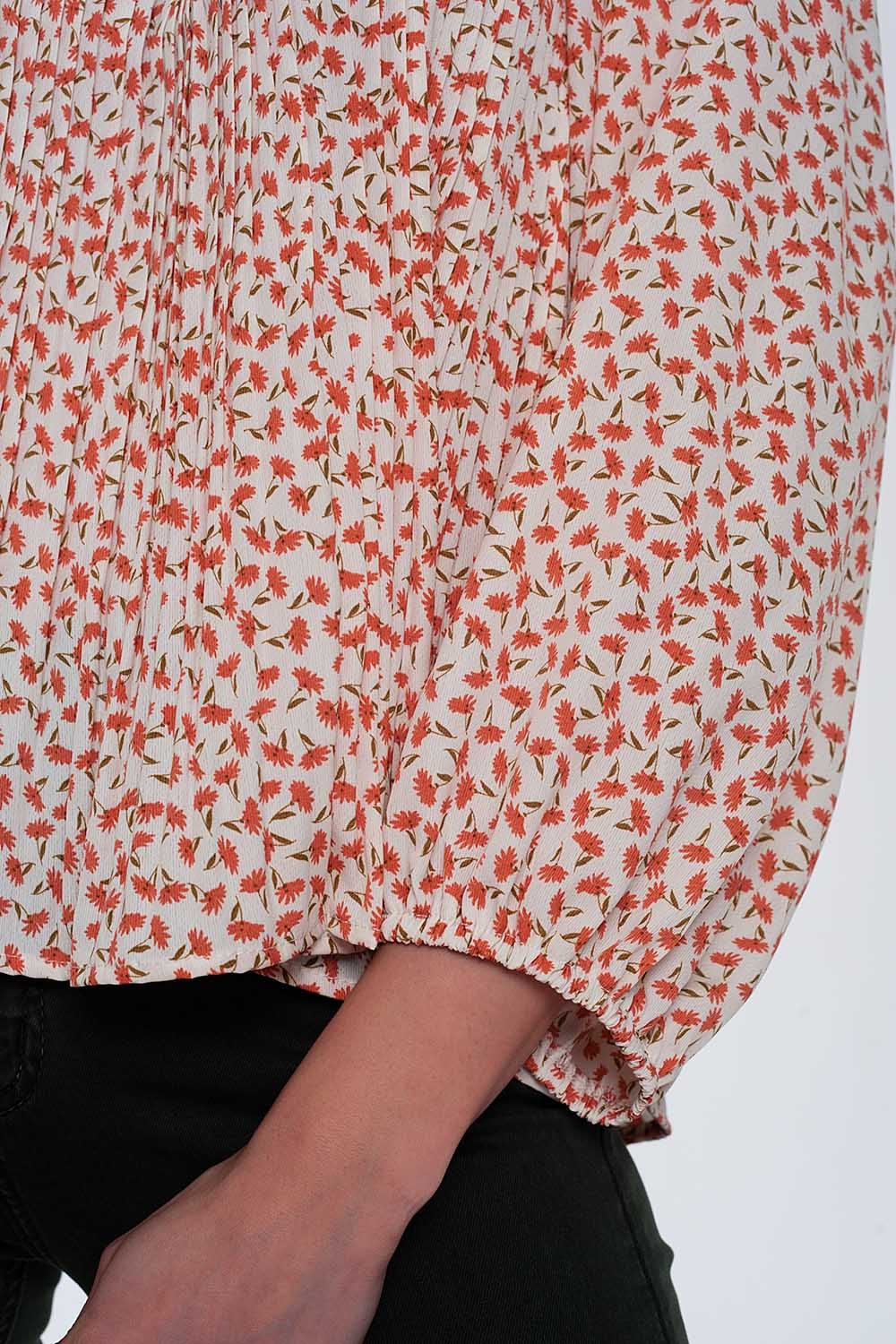 Top con escote cuadrado manga abullonada y estampado floral en coral Top con escote cuadrado manga abullonada y estampado floral en coral