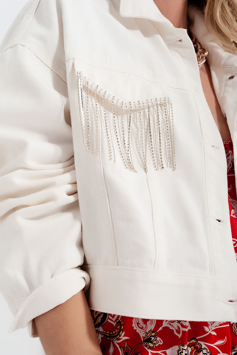 Chaqueta vaquera blanco con flecos de strass Chaqueta vaquera blanco con flecos de strass