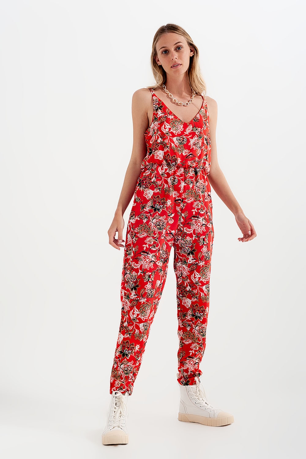 Mono largo con estampado floral y tirantes finos en rojo Mono largo con estampado floral y tirantes finos en rojo