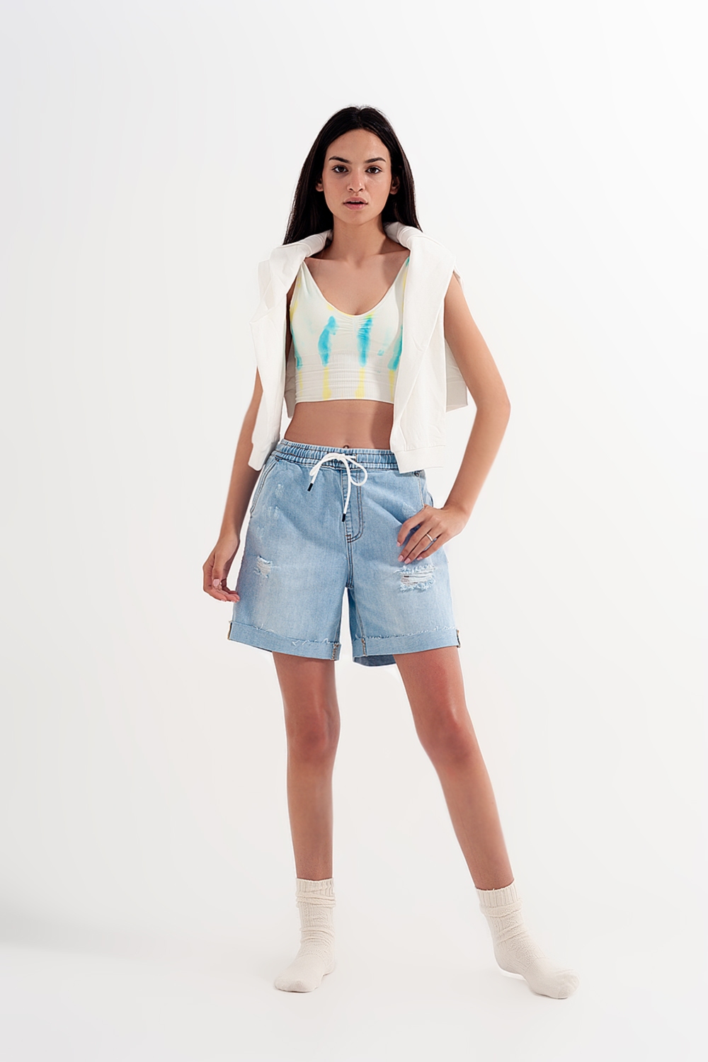 Shorts vaqueros azul medio lavado elásticos Shorts vaqueros azul medio lavado elásticos