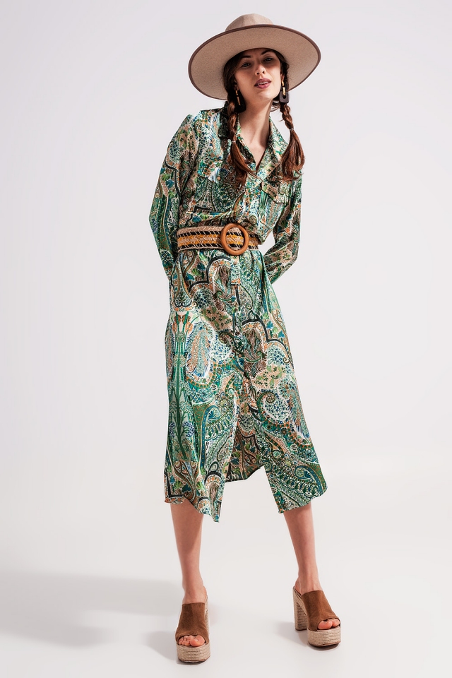 Vestido largo con estampado de cachemir verde