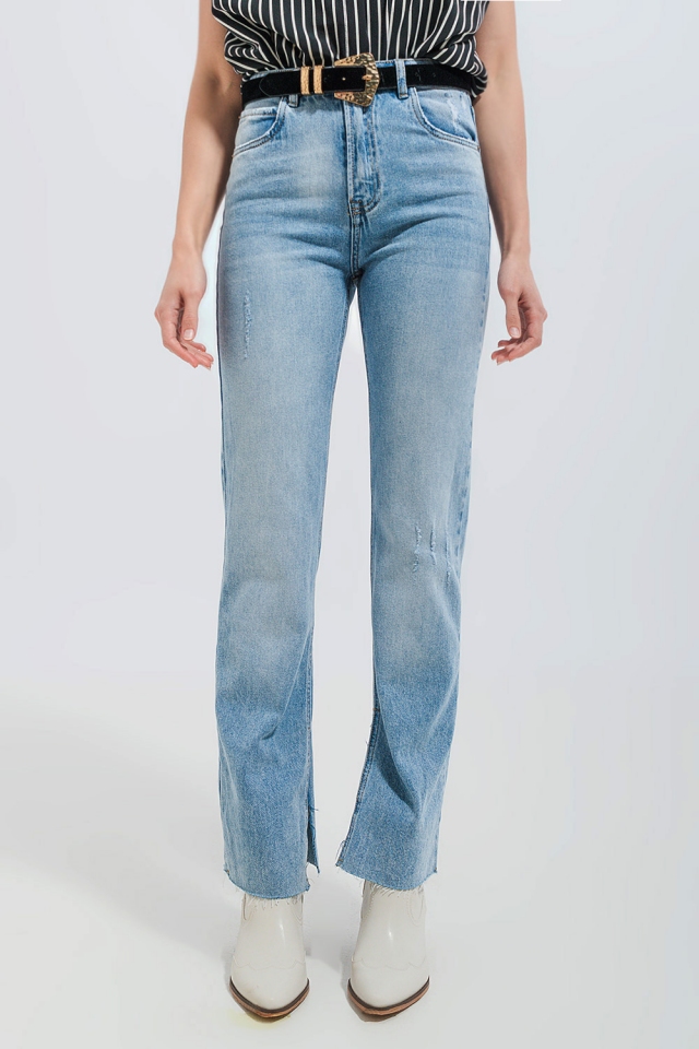 Jeans met stretch en onafgewerkte zoom in lichte wassing