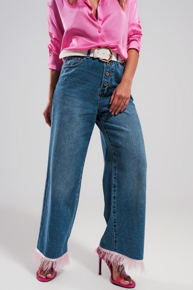Jeans mit geradem Bein und PINK Kunstfedersaum