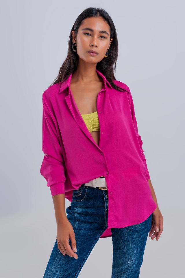 Camisa color fucsia holgada de manga larga de sat&eacute;n