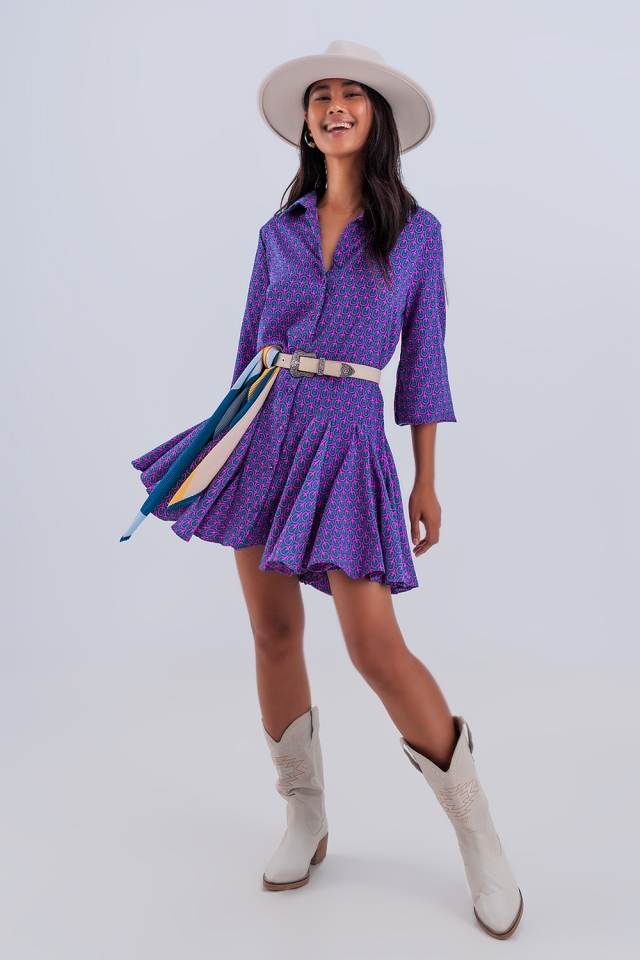 Floral shirt mini dress with flip hem in purple