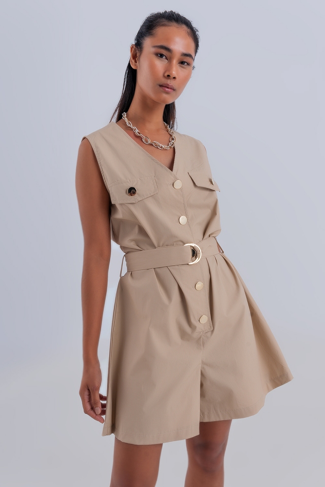 Sleeveless belted jumpsuit in beige