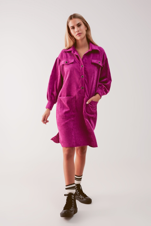 Mini vestido camiseiro de cordão em fúcsia