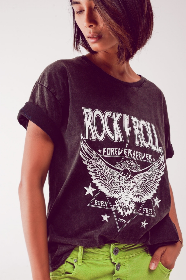 Camiseta negra con estampado gráfico Rock n Roll