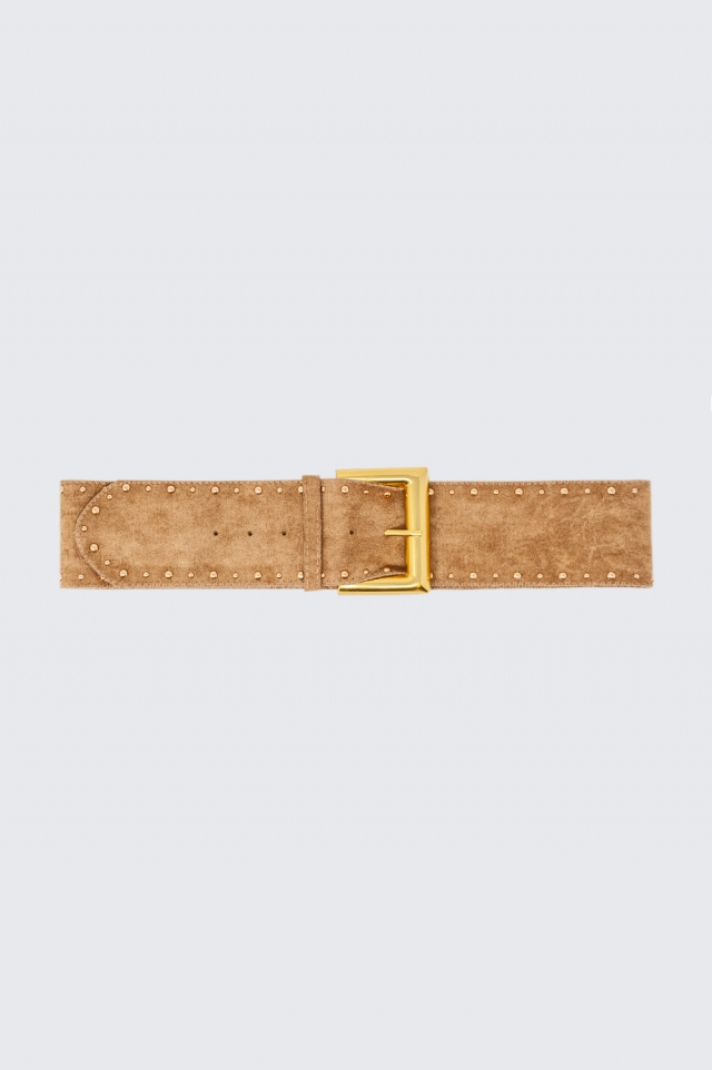 Suède taille en heupriem met vierkante gesp in beige