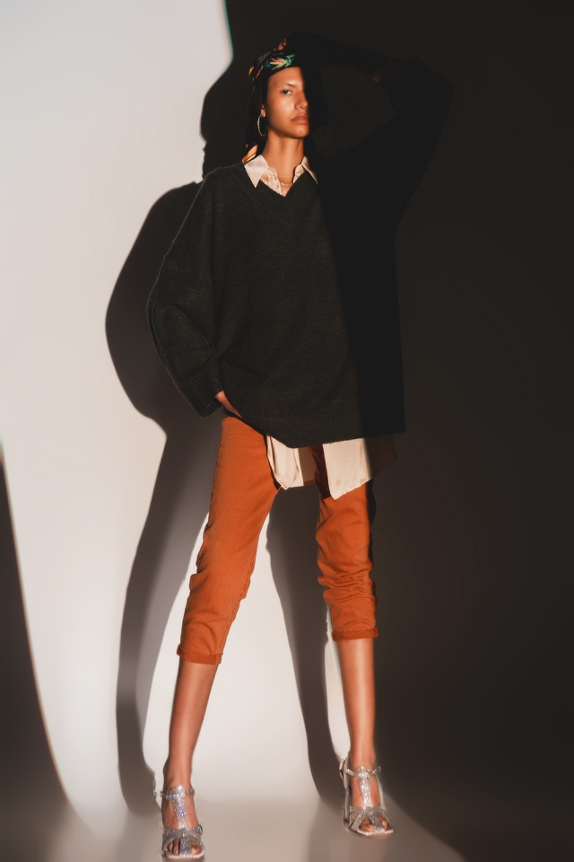 Oversized trui jurk met V hals in grijs